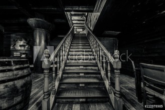 Bild på Wooden staircase Interior of old pirate ship Black and white 